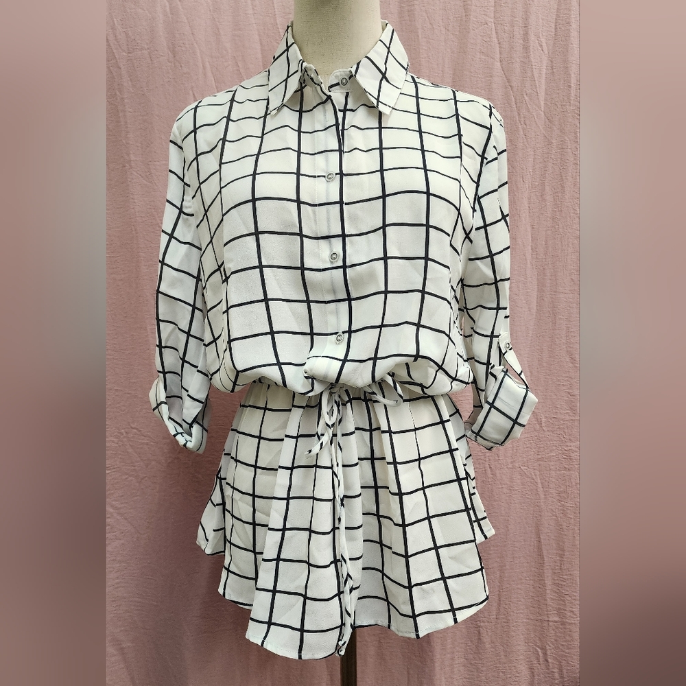 Lumière Collared Rolled Sleeve Peplum Waist Grid Print Blouse-(Small)